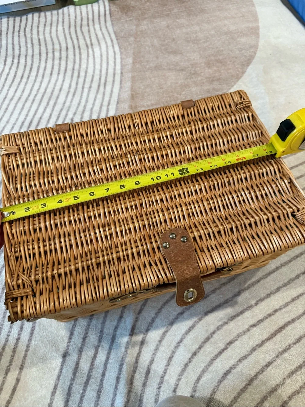 Wicker Storage Basket with Leather Strap - Natural Brown